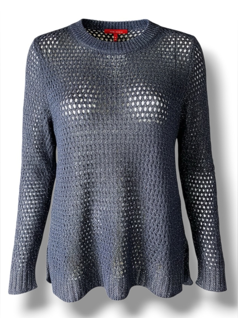 Narciso Rodriguez SZ XL for Design Nation Navy Blue METALLIC Open Knit Sweater